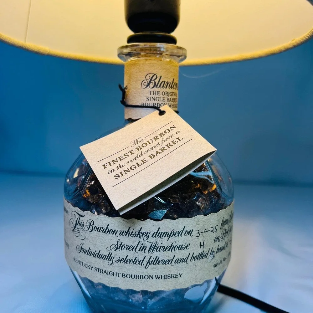 Blanton's Bourbon Bottle Lamp Upcycled Whiskey Bar Decor with Linen Shade